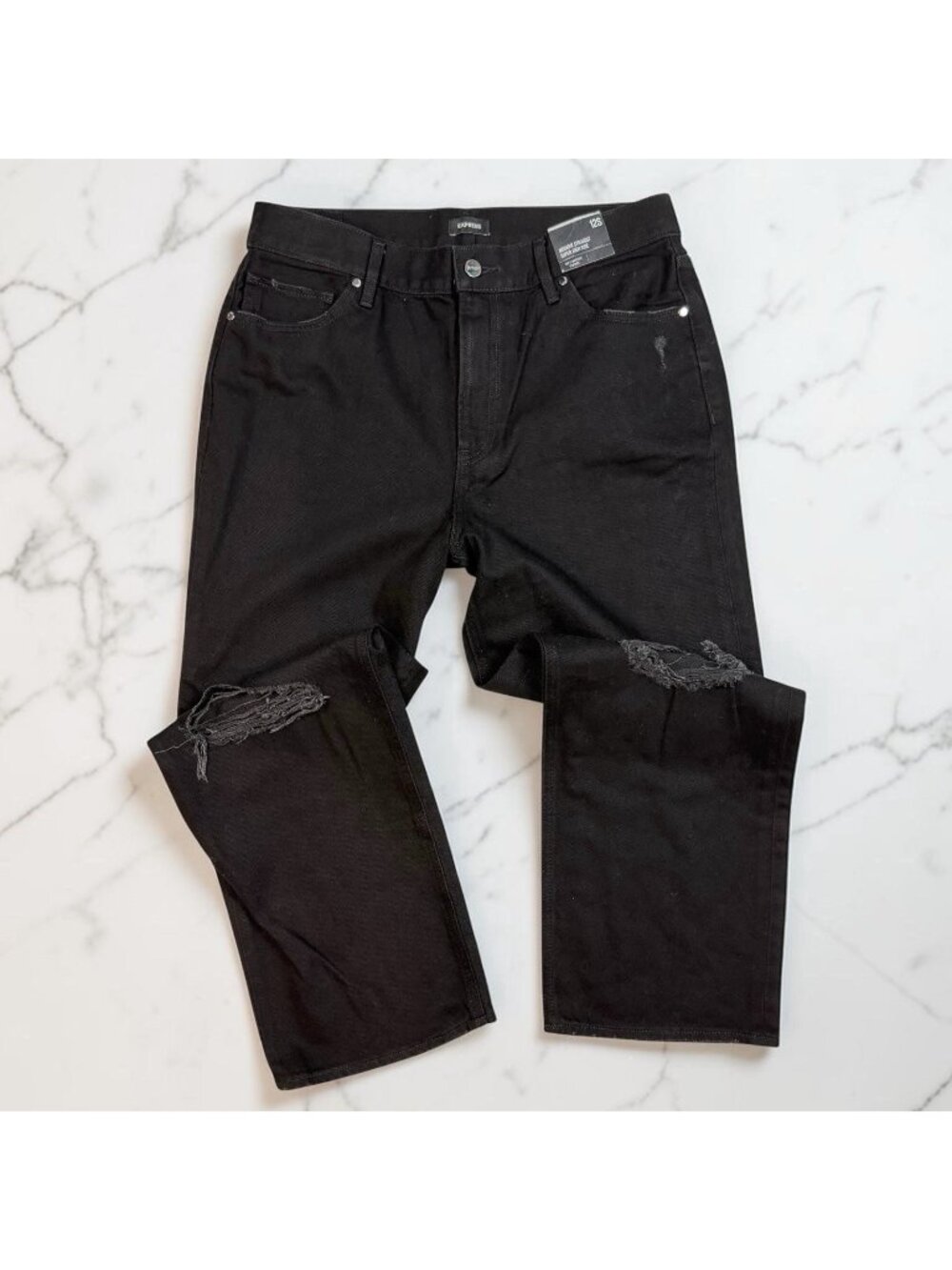 Express Modern Straight Jeans Size 12 Short Black Distressed Super High Rise